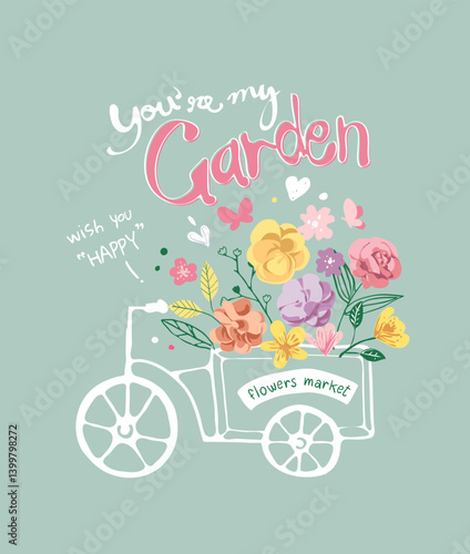 garden calligraphy slogan with hand drawn colorful flower cart vector illustration 