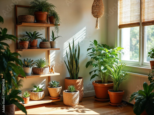 Layered indoor plants in sunlit wooden boho setting
