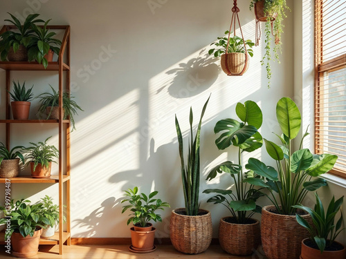 Neutral bohemian room with plant shelves and baskets
