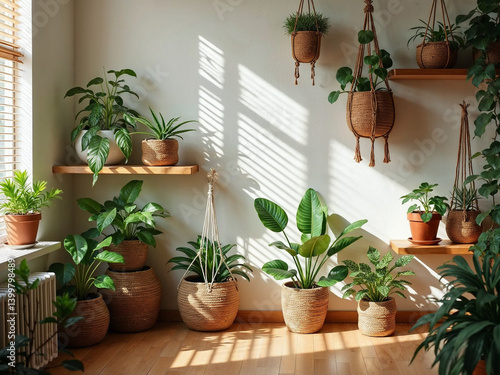 Interior styling with rattan greenery and warm sunrise