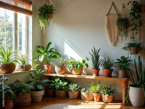 Plant lovers boho room with sunlight and baskets