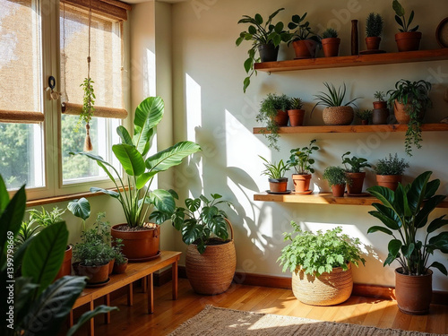 Photoreal boho corner with snake plant and warm textures