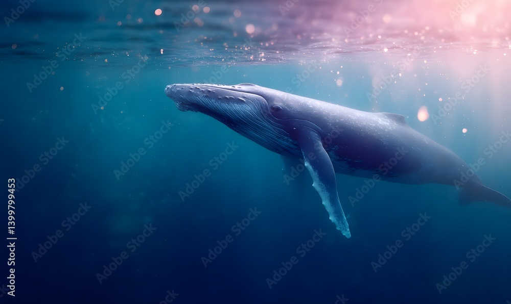 Fototapeta premium A huge blue whale swims close to the camera, Generative AI