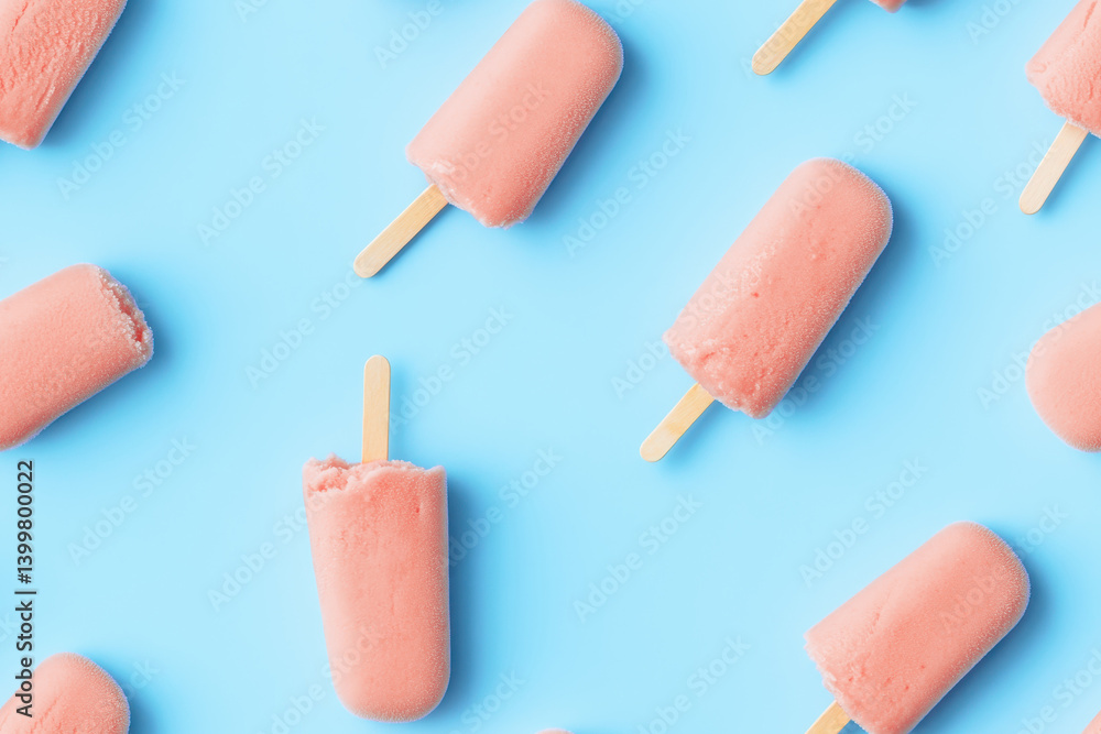 Pink ice cream stick treats arranged on a vibrant blue background