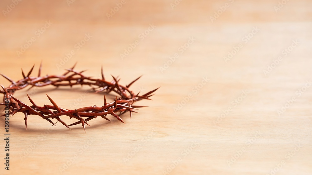 Fototapeta premium Rustic brown crown of thorns rests gently on pale wood softly lit background evokes somber reflection. AI Generated