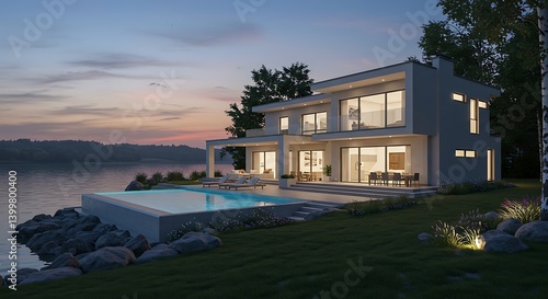 Twilight Serenity: Modern Lakeside Villa, Luxurious 3D Render AI Generated