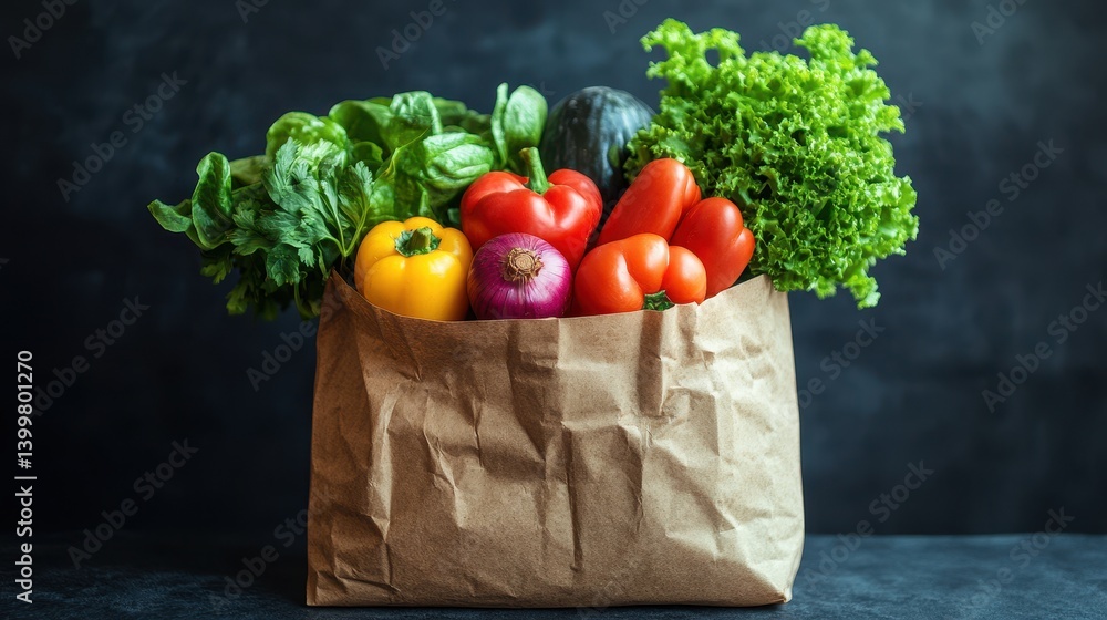 Fresh vegetables in paper bag: lush greens, bell peppers, onion, and pumpkin Fresh vegetables in paper bag: lush greens, bell peppers, onion, and pumpkin