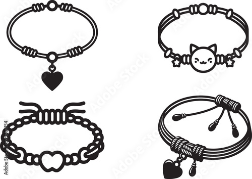 Cute friendship bracelet bundle in clean flat black Silhouette Vector Illustration style
