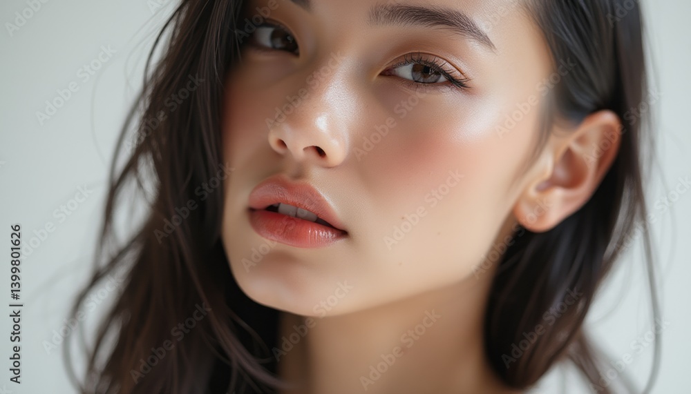 This captivating portrait showcases a young woman with flawless skin and expressive eyes, radiating natural beauty. Her subtle makeup enhances her delicate features, creating an inviting and serene This captivating portrait showcases a young woman with flawless skin and expressive eyes, radiating natural beauty. Her subtle makeup enhances her delicate features, creating an inviting and serene