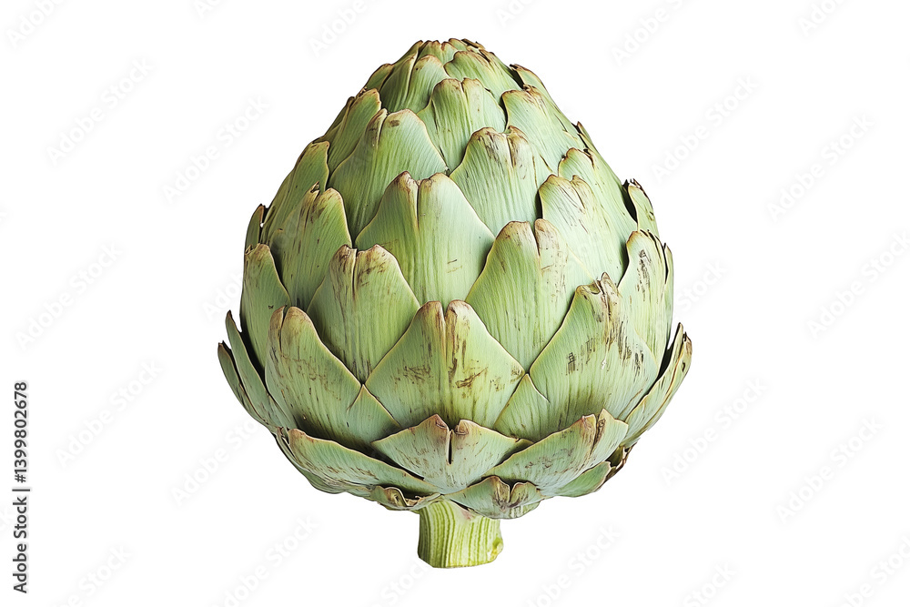 Obraz premium Single fresh green artichoke with detailed texture isolated on white transparent background.