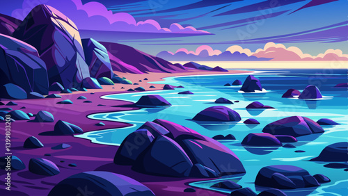 Rocky Beach landscape with large slate boulders scattered across a tide washed shoreline, The wet rocks glisten in deep black, navy, and dark purple tones