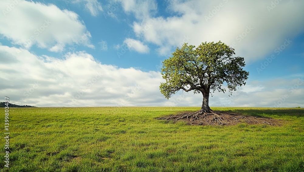 Obraz premium Photo of a Tree Thriving on Grassy Ground with Soil Cross-Section, Set Against a Cloudy Sky Background. Web Banner Design with Central Copy Space for Text, Ideal for Environmental and Nature Themes.