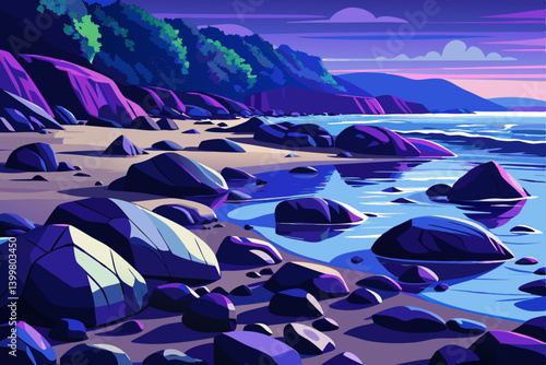 Rocky Beach landscape with large slate boulders scattered across a tide washed shoreline, The wet rocks glisten in deep black, navy, and dark purple tones
