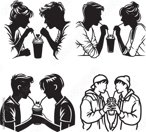 Friends sharing drink with two straws bundle in flat black Silhouette Vector Illustration style
