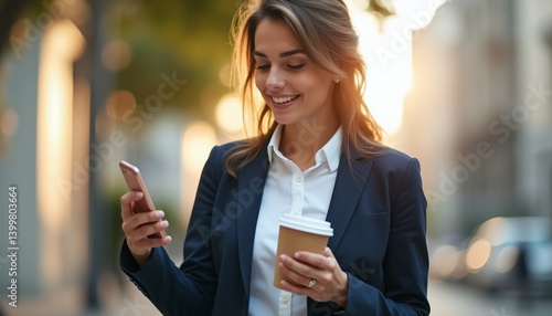 A confident young woman in a tailored suit smiles as she checks her phone, holding a coffee cup in her other hand. The warm glow of the sunset creates a vibrant backdrop, enhancing the scenes positive