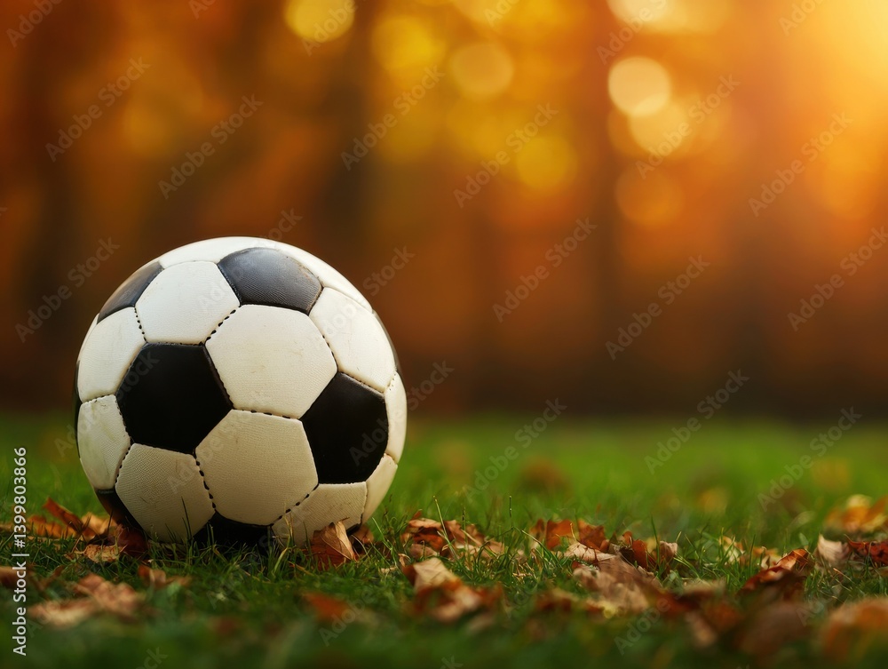 Fototapeta premium A soccer ball resting on grass surrounded by autumn leaves and soft sunlight.
