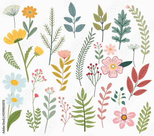 Floral collection of herbs, wildflower, leaf, branch, foliage.