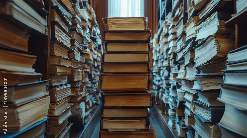 Obraz premium Tall stack of books in a dimly lit library aisle surrounded by overflowing shelves