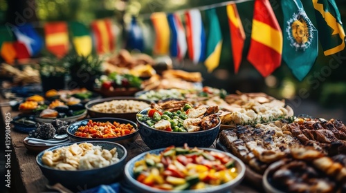 Colorful international food spread with diverse dishes and world flags outdoors