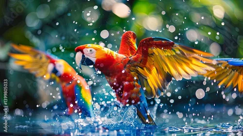Obraz Bright exotic macaw parrots splashing in blue water. Selective focus. Bokeh. African parrots escape from the heat in the water