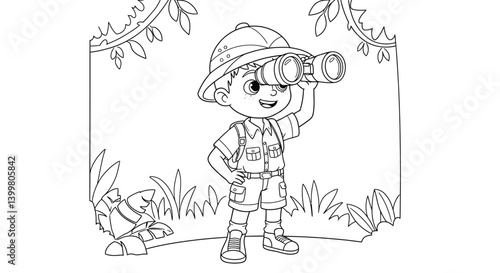 Inquisitive Boy in Safari Clothes with Binoculars Searching for Wildlife