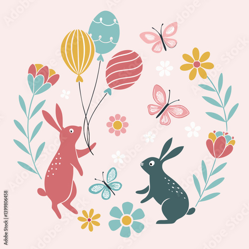 Two adorable bunnies celebrate spring with pastel balloons flowers and butterflies in a whimsical hand drawn illustration featuring