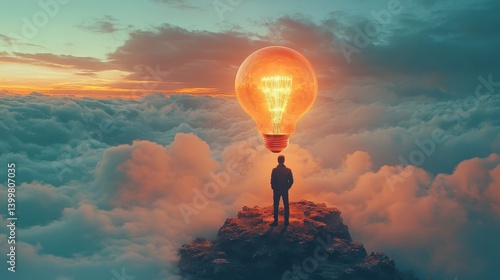 Concept of innovation: man imagines bright ideas above cloudscape at sunset