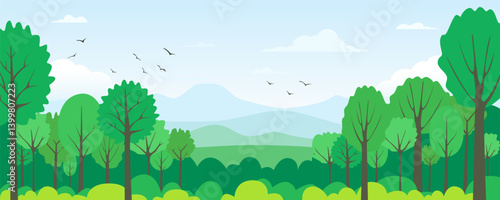 Green forest with mountains in the background. Beautiful deciduous forest with various trees and bushes, mountains, blue sky and flying birds. Vector illustration of forest nature.