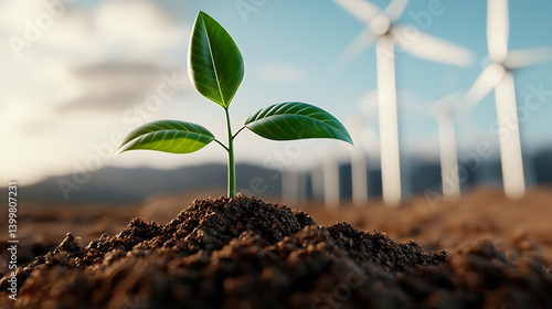 Green seedling growth amid wind turbines renewable energy site nature photography outdoor landscape close-up perspective sustainability concept