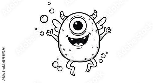 Funny One-Eyed Monster with Small Wings Bouncing Happily in the Air