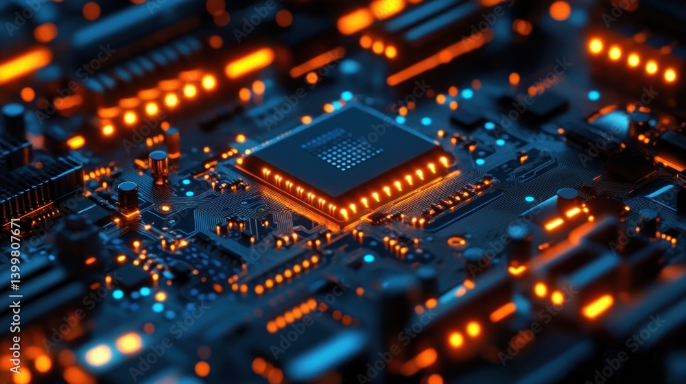 Obraz premium Illuminated circuit board with central processor.