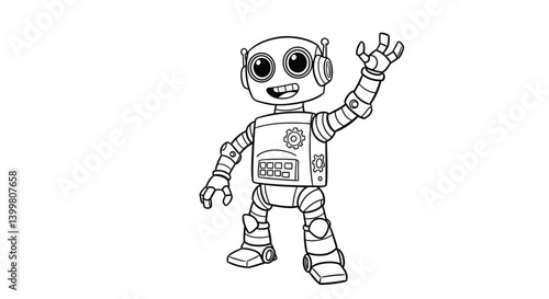 Joyful Android with Circular Optics, Cogs, and Interface Waving Merrily