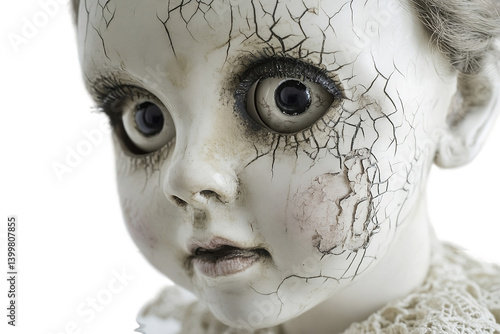 Haunted Victorian doll with cracked porcelain skin and eerie stare On PNG Background