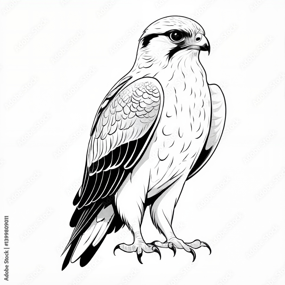 Fototapeta premium Black and white illustration of a standing falcon 