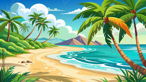 Palm-fringed beach with white sand and crystal-clear waves lapping the shore.