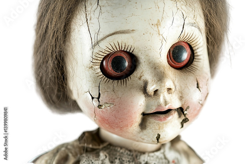Haunted Victorian doll with cracked porcelain skin and eerie stare On PNG Background