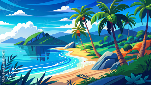 Palm-fringed beach with white sand and crystal-clear waves lapping the shore.