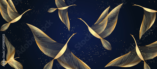 Elegant abstract line art on navy blue background. Luxury hand drawn with gold line crane bird. Shining lines design for wallpaper, banner, prints, covers, wall art, home decor.