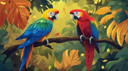 Crédence de cuisine  Colorful parrots perched on a branch surrounded by tropical foliage  © Narayana