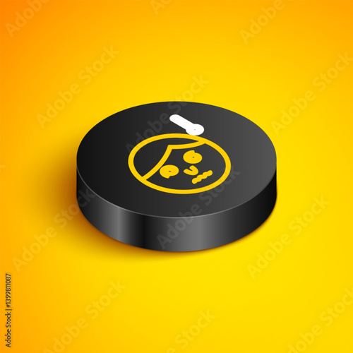 Isometric line High human body temperature or get fever icon isolated on yellow background. Disease, cold, flu symptom. Black circle button. Vector