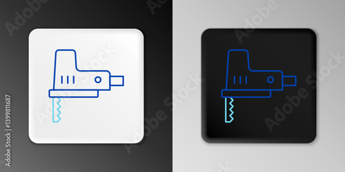 Line Electric jigsaw with steel sharp blade icon isolated on grey background. Power tool for woodwork. Colorful outline concept. Vector