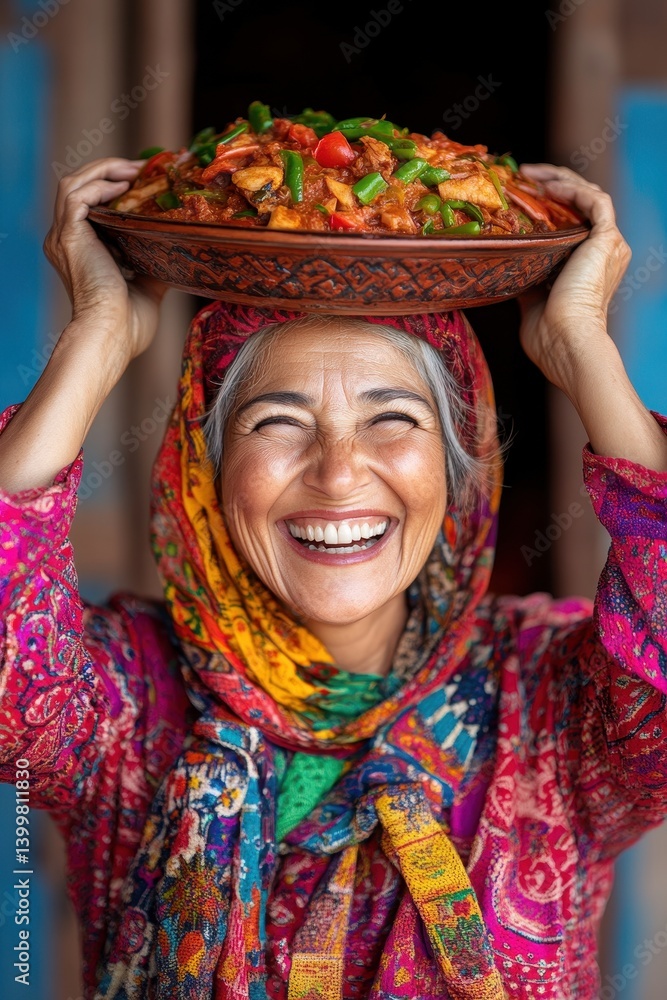 Fototapeta premium Joyful Moroccan Woman Laughing While Balancing Large Tagine on Head