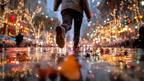 Fototapeta Naklejka Na Ścianę i Meble -  A person running through a wet city street at night