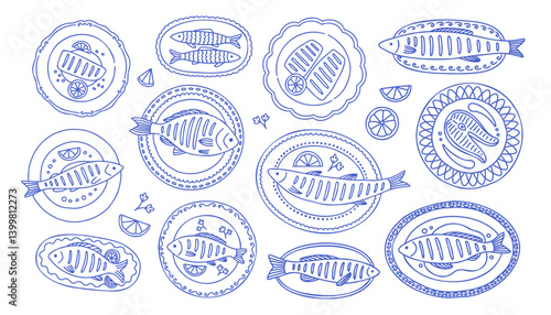 Grilled fish set in mediterranean blue. Collection of stylized, hand drawn illustration featuring various fish dishes arranged on plates. The layout is a white background and blue line art. 