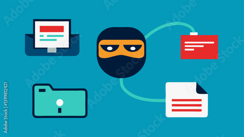 Masked Data Transmission Icons of data like files and video being sent through a cable with a mask over it the concerns of transmitting personal information safely
