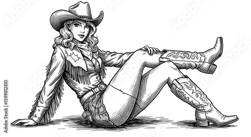 Cowgirl in Pen-and-Ink Illustration: Relaxed Pose, Western Attire AI Generated