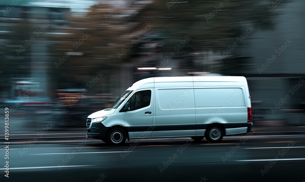 A white van speeding on an urban road at dusk, motion-blurred cityscape background with streaking light trails, headlights casting sharp beams, realistic vehicle texture with metallic reflections A white van speeding on an urban road at dusk, motion-blurred cityscape background with streaking light trails, headlights casting sharp beams, realistic vehicle texture with metallic reflections