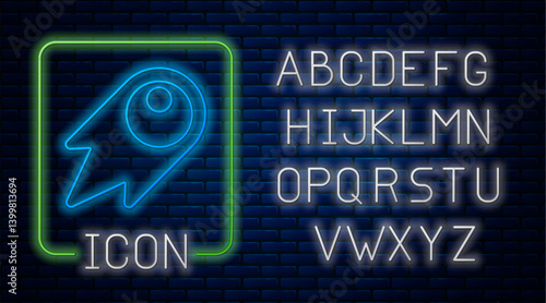 Glowing neon Comet falling down fast icon isolated on brick wall background. Neon light alphabet. Vector
