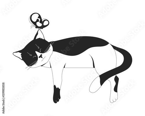 Sleeping black and white cat with butterfly 2D line character. Lo-fi peaceful feline resting. Relaxed kitten. Cute kitty nap time isolated vector ink outline animal. Monochromatic spot illustration