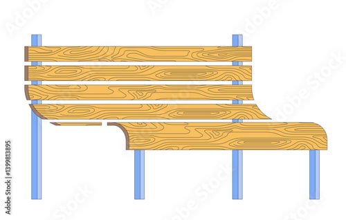 Wooden park bench with curved seating 2D cartoon object. Urban decor. Outdoor garden seat. Recreational area. Public furniture isolated element flat vector clip art on white. Spot illustration